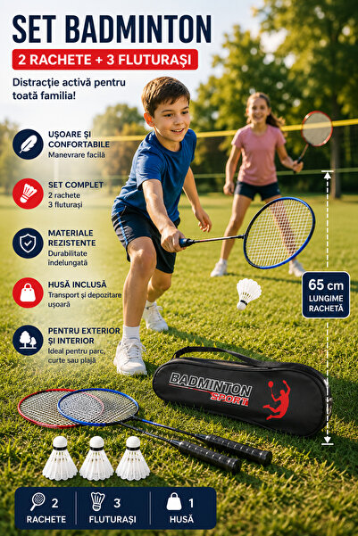 OEM Set Badminton cu 2 Rachete și 3 Fluturași, Husă Transport Inclusă, Joc Sp...