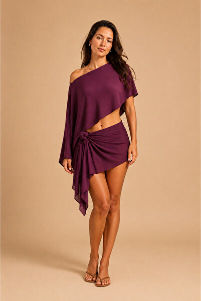 Sebir Moda Asymmetrical Cut Linen Blend Bikini Top & Pareo Set