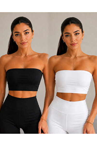 DiaSia Kadın Straplez 2'li Siyah Beyaz Kadın Polyemid Crop Top Büstiyer Sport...