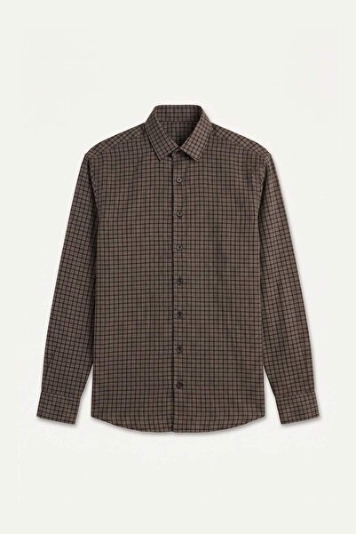 DeFacto Regular Fit Checked Linen Blend Long Sleeve Checkered Brown Shirt H51...