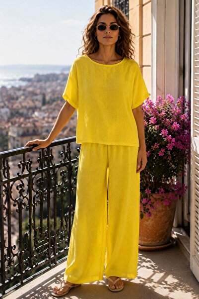 Mossta Bluza sa kratkim rukavima i široki set pantalona - žuta