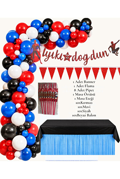 Dizayn Parti Evi Örümcek Adam Doğum Günü Parti Seti Kırmızı Mavi Siyah Balon ...