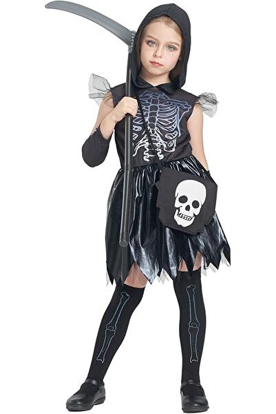 Ikali Costum Grim Reaper pentru fete cu coasă și accesorii, Set Halloween, 4-...