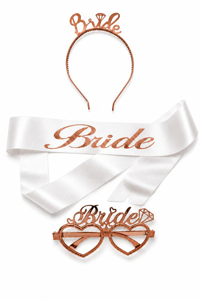 Happyland Bride To Be Rose (Gül) Renk Mika Taç Gözlük Beyaz Kuşak Aksesuar Seti, Gelin Partisi ve Bekarlığa Veda Partisi Aksesuarları