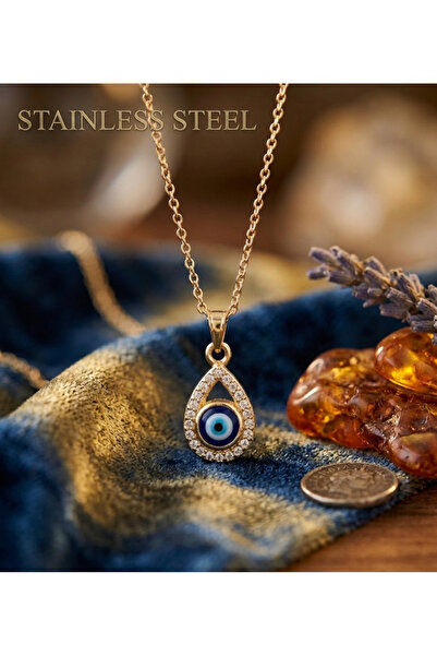 stainless steell Damla Design Evil Eye Zircon Stone Gold Color Steel Necklace
