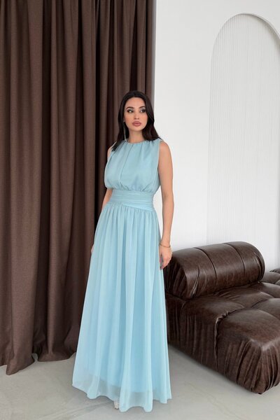 Serica Moda فستان ماكسي من الشيفون بياقة دائرية وحزام نعناعي اللون
