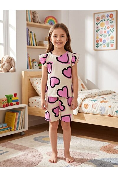tusem butik homewear Devojčice, pamučna krem boja, ljubičasti dezen srca, let...