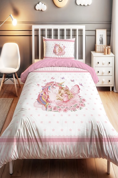EVPANYA Unicorn Masalı Desenli Tek Kişilik Bebek Çocuk Nevresim Seti
