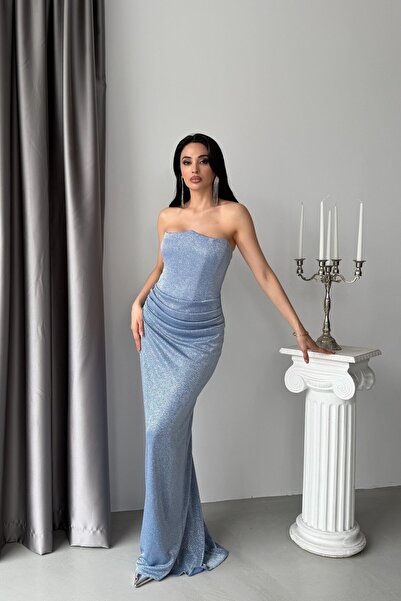 Serica Moda Bebe Mavi Straplez Simli Drapeli Uzun Abiye Elbise