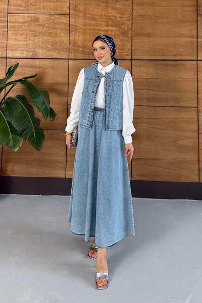 Miss Allos Set de blugi cu fustă și vestă brodate pentru femei