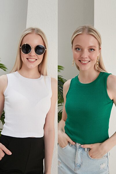 Feyece Women's Green White Halter Neck Ribbed 2-Pack Crop Blouse