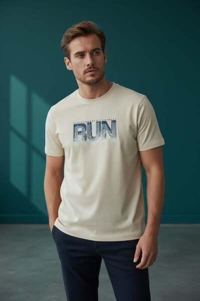 Piyera Men's Combed Cotton Fabric Printed Crew Neck Beige T-Shirt - 187