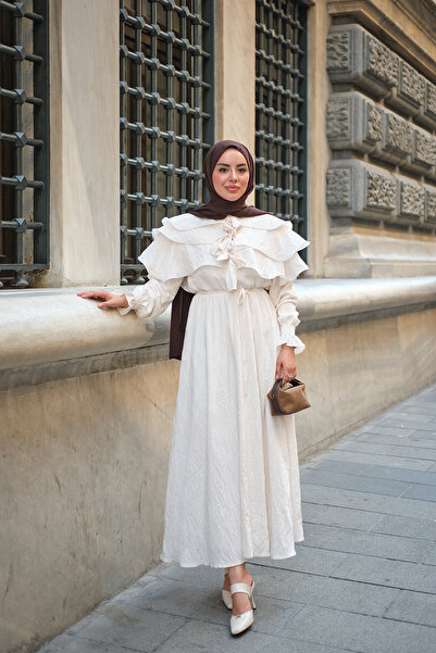 LOCCO فستان نسائي من قماش التول بتفاصيل شريطية أمامية وخصر مطاطي، لون إكرو