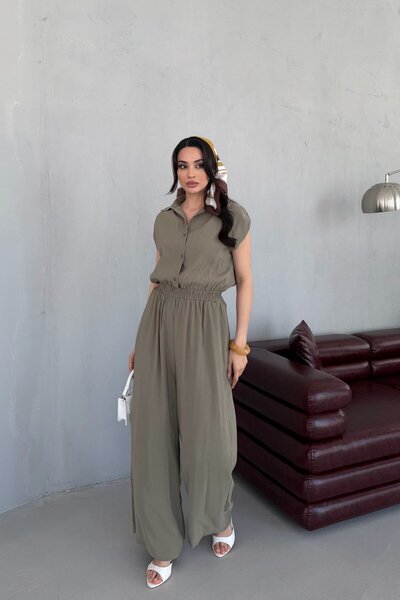 Serica Moda قميص كاكي بخصر مطاطي وياقة من قماش التنسل، بدلة طويلة