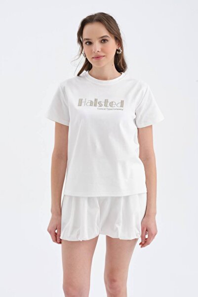 tw3 Tricou de damă, 100% bumbac, cu mânecă scurtă și broderie cu mărgele în față