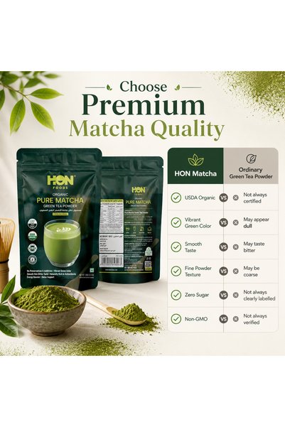 HON FOODS Organic Matcha Green Tea Powder 100g- Ceremonial Grade- USDA Organic | Halal Certified | Non-GMO