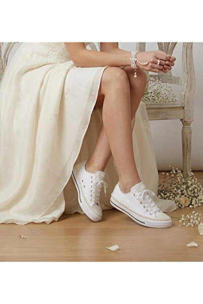 Lesia Beyaz İncili Düz Taban Keten Sneaker Spor Gelin Ayakkabısı