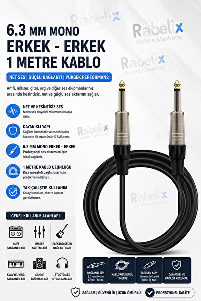 Rabelix Online Marketing 6.3mm Mono Jack Kablo Erkek Erkek 1 Metre | Gitar Am...