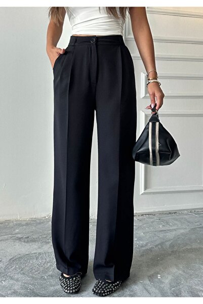 ZÉRIA Women's High Waist Pleated Wide Leg Fabric Palazzo Black Fabric Trouser...