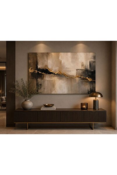 walliva Modern Soyut Gold Akış Kanvas Tablo – Siyah, Bej ve Altın Dokulu Çerç...