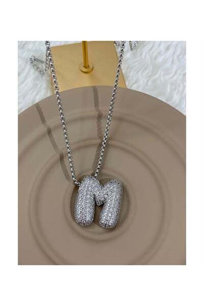 Haziran Accessory Balon Model Large Letter, Silver Steel Women's Necklace