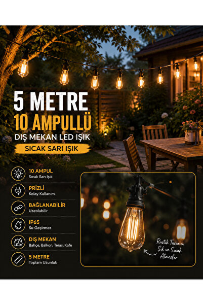 SARFEX Ampul Zinciri 10 Ampullu Bahçe Aydınlatması Nostaljik Fişli Uzatmalı E...