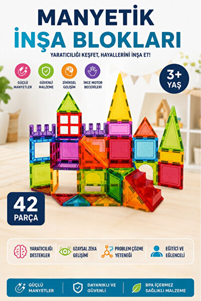 Toyaş 42 Parça Manyetik Yapı Blokları Seti | Eğitici STEM Oyuncak | Renkli Mı...