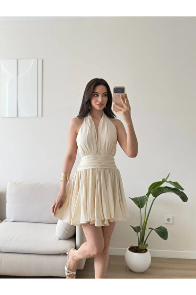 Zoom Butik Premium Boyundan Bağlamalı Elbise - BEJ