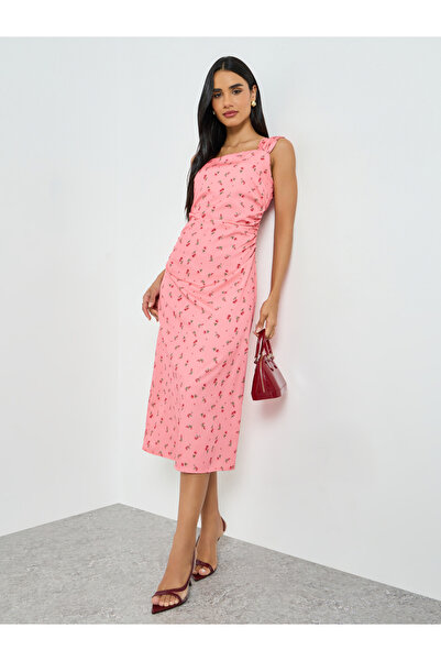 Take Two By Styli Pink Ditsy Print Square Neck Sheath Midi Dress