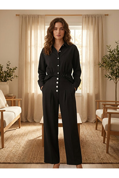 Finelook Women's 2-Piece Adjustable Drawstring Button-Down Shirt & Wide-Leg P...