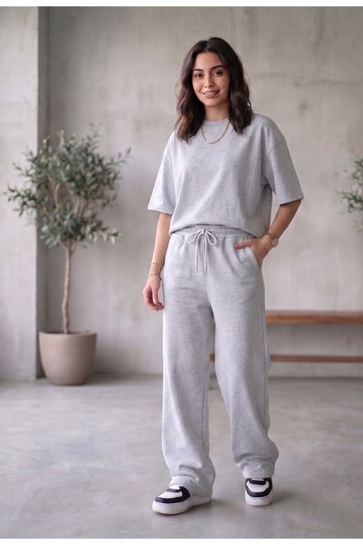 yx yustex sport 2-Piece Women's Sweatpants (Black & Gray) Oversize Baggy Sweatpants Wide Leg Hijab Set
