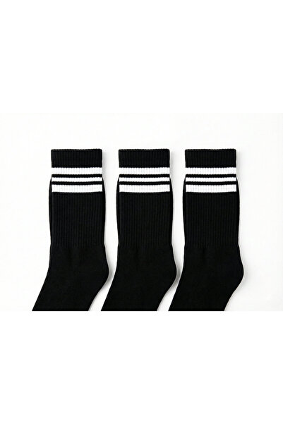 3'lü Set Old School Çizgili Kolej Çorap - Unisex Pamuklu Siyah-Beyaz Çizgilli Tenis Spor Soket