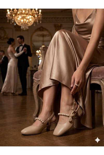 Pretty Girl Women's Pearl Band Detailed Beige Leather (Matte Leather) Casual Graduation and Wedding Dress Shoes - Women's Heeled Shoes (Heel Height 4cm)
