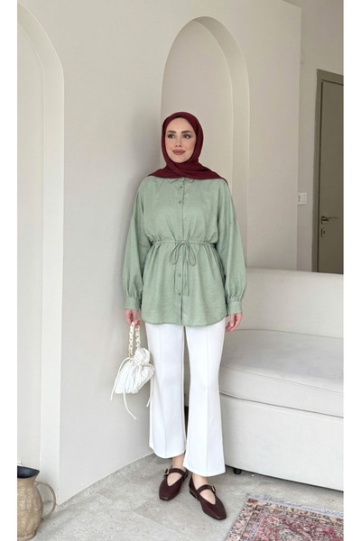 Moda Aydın Butik Kadın Tesettür Belden Bağlamalı Tunik Gömlek - Çağla Yeşili