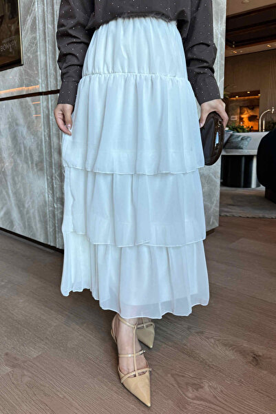 İmajButik Ecru Layered Chiffon Skirt with Elastic Waist