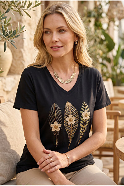 FEMELLE Black V-Neck Beaded Embroidered 100% Cotton T-Shirt