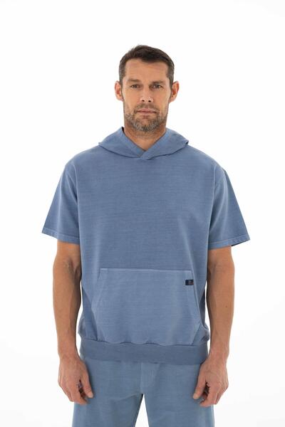 Arma Erkek Indigo Oversize Kısa Kollu Kanguru Cepli Kapşonlu Sweatshirt Y2525...