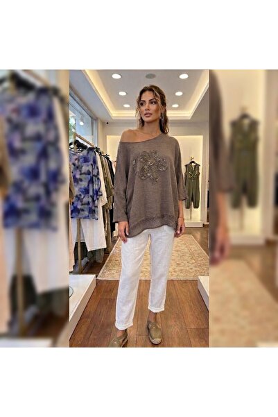 Olea Women's Daisy Embroidered Capri Sleeve Linen Blouse with Fishnet Detail,...