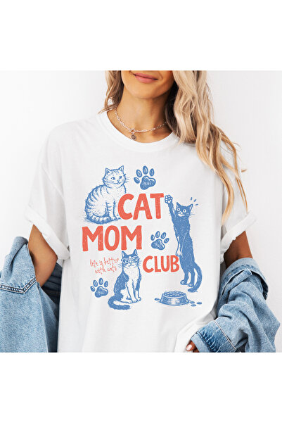 TAVRIN Cat Mom Club Baskılı Oversize Kadın Tişört Kedi Annesi Tişörtü %100 Pa...