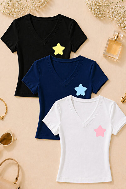 Velostra تي شيرت نسائي من الليكرا ذو تصميم نجمي أساسي للاستخدام اليومي وياقة ...