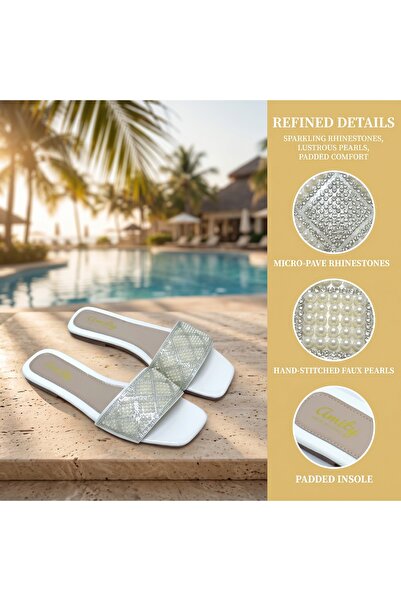 Dhiaa Walk White Pearl & Rhinestone Embellished Slide Sandals - Women’s Brigh...
