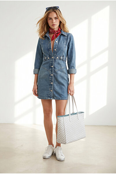 Olalook Women's Blue Waist Detailed Mini Denim Dress Elb-19002677