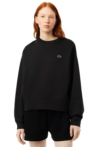 Lacoste سويت شيرت نسائي قطني كبير الحجم بقصة بول كيرف وياقة دائرية من القطن ب...