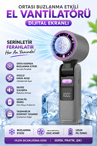Weskam Şarjlı Dijital Göstergeli Mini El Fanı Buzlanma Etkili Metal Gövdeli T...