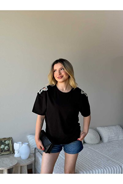 MODAMERSİ Tricou negru de damă cu detaliu Star Stone pe umăr