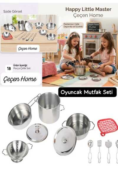 ÇEÇEN HOME 18 Parça Paslanmaz Çelik Oyuncak Tencere -Tava Ve Oyuncak Tabak - ...