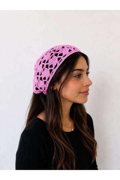 yes ticaret Retro Style Hand Knitted Bandana - Trendy Hair Accessory - Summer Hair Band Pink