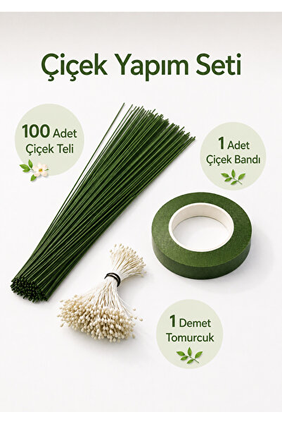 iğne izi Çiçek Yapım Seti - 100 Adet 40 cm Çiçek Teli + Çiçek Bandı + 7 gr To...
