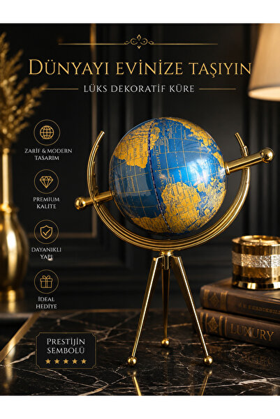 voliX Dizayn Lüks Dekoratif Dünya Küresi – Gold Metal Ayaklı Modern Masaüstü ...