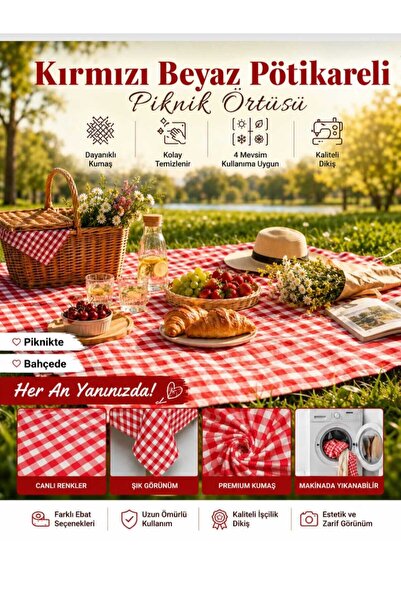 elfnur Kırmızı Beyaz Pötikare Masa Örtüsü Piknik Sofra Bezi 150x150 cm